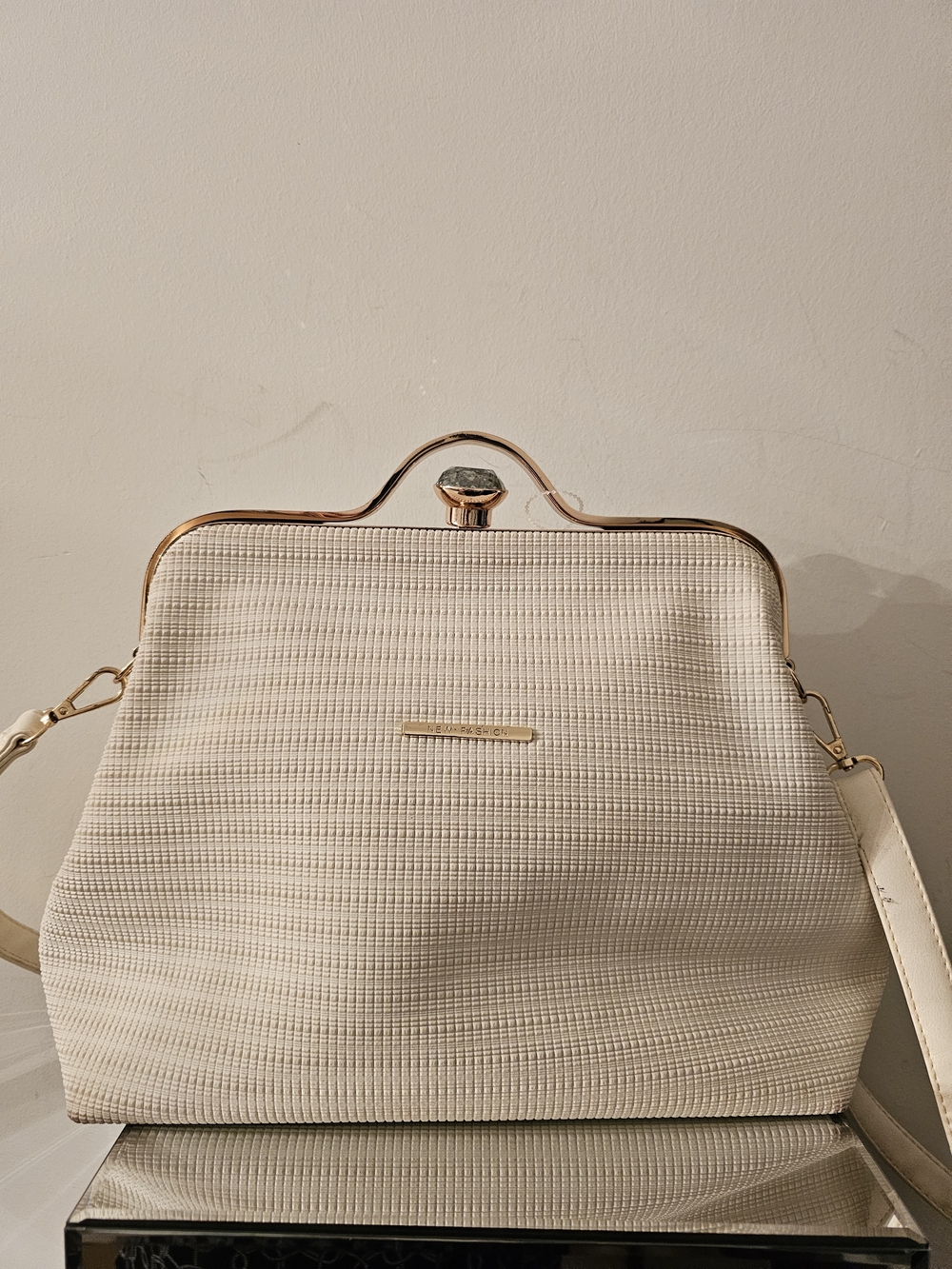 Textured Cream Frame Satchel with Gold Hardware